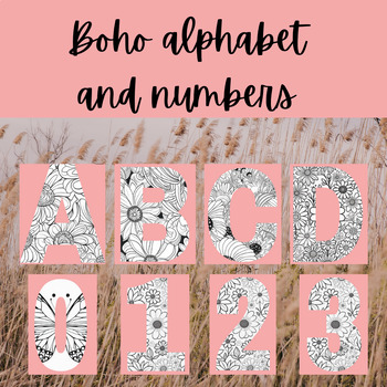 Preview of alphabet and numbers posters  boho (butterfly , flowers) coloring sheets