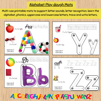 Preview of alphabet play dough mats, play doh mat, task cards printable, trace letters, ABC
