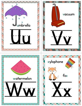 alphabet posters and flashcards: teal, coral, and brown by Teresa Tretbar