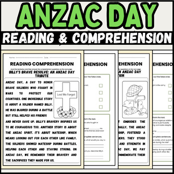 Preview of anzac day Reading Comprehension Passages | 1st to 3rd grade students