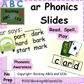 Preview of ar (bossy r) SmartBoard lesson slides: read, spell, segment, rhyme, play
