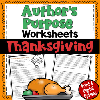 Preview of Author's Purpose PIE'ED worksheet for Thanksgiving with Print and Digital Easel