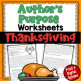 Author's Purpose PIE'ED worksheet for Thanksgiving with Pr
