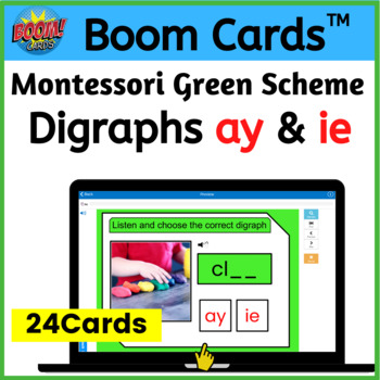 Preview of ay & ie Digraphs/Diphthongs - Digital Montessori Green Scheme - Boom Cards™