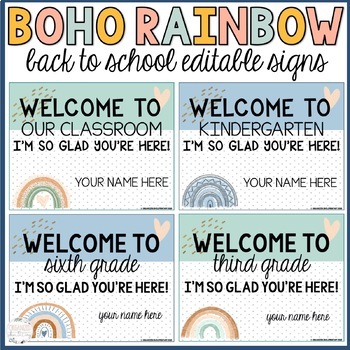 Preview of back to school signs | boho rainbow | editable
