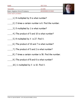 Preview of basic Algebra word problems