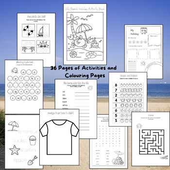 Preview of beach summer holiday activity book, vacation activity sheets, coloring pages,