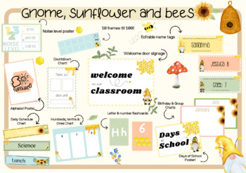 Preview of bee themed classroom, sunflower classroom decor, gnomes classroom poster editabl