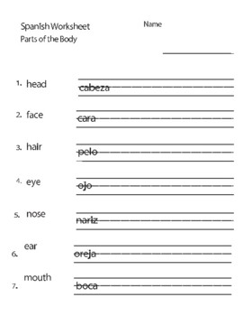 Preview of Parts of the body with answer key: beginning Spanish worksheet