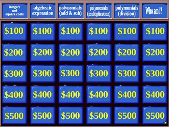 Preview of beginning algebra jeopardy! fun game