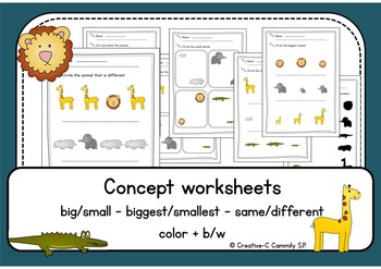 bigsmall samedifferent animal concept worksheets color bw no prep