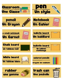 Preview of French School Supplies and Bilingual Classroom Labels (French-English)