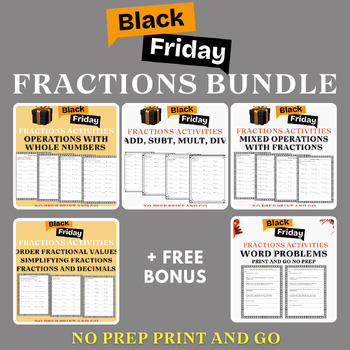 Preview of black Friday Fractions Bundle Master Extensive Fractions worksheets + Free Bonus