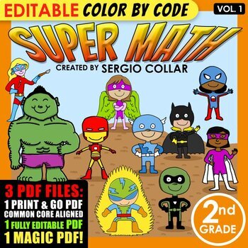 Preview of Super Math – 2nd Grade – Color by Code EDITABLE – Common Core Aligned