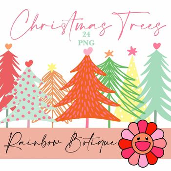 Preview of boho christmas trees clipart, hand drawn boho style trees, bulletin board