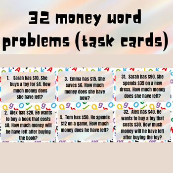 Preview of budget project, word problems with money, 32 math task cards with answers