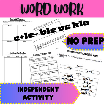 Preview of c+le- ble vs kle, Independent Word Work Activities