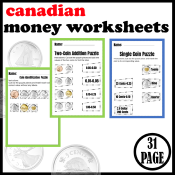 Preview of canadian money worksheets,Puzzle Piece Templates,grade 2 canadian money
