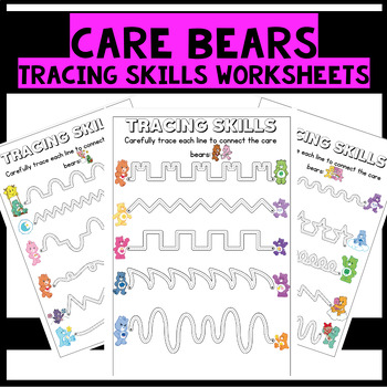 Preview of care bears themed fine motor tracing skills worksheets kindergarten