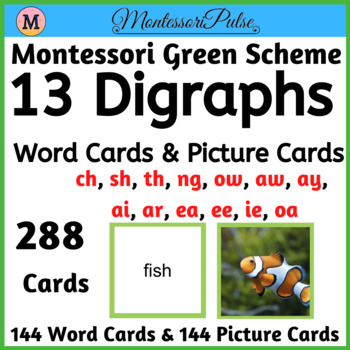 Montessori Green Scheme, printable materials. Digraphs ch & sh Word cards and Picture cards