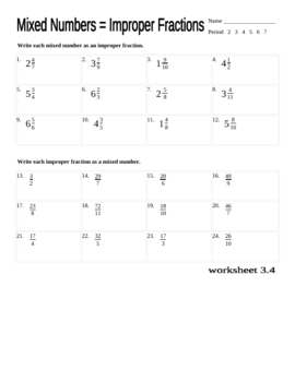 change mixed numbers to improper fractions worksheet by stone tpt