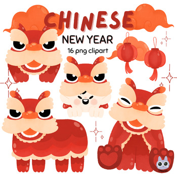 Preview of chinese new year 2024 cute lion dance cartoon lunar new year watercolor clipart