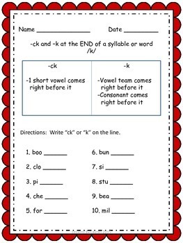ck or k sorting and spelling activities by lessons by