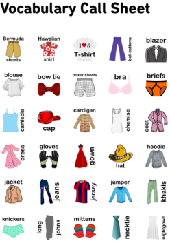 clothing wardrobe bingo 7x7 (100 pages + call sheet) by Teacherbingo