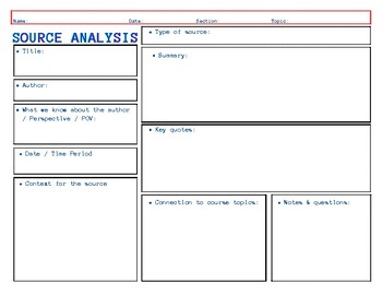 Preview of Source Analysis Graphic Organizer for Social Studies in color + printer friendly