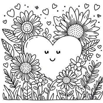 Preview of coloring page: Flowers and heart for Valentine Day