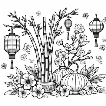 Preview of coloring page: Lunar New Year: , lanterns, spring flowers