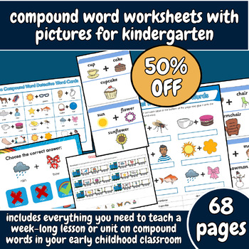 Preview of compound words worksheets with pictures for kindergraten flashcards and games