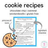 cookie recipes with ingredient checklist, equipment pictur