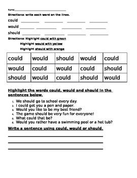Preview of could would should worksheet