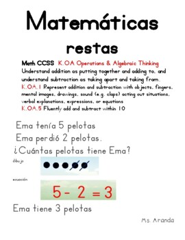 Preview of cuentos matematicos de resta en español, substraction words problems in spanish