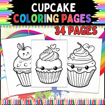 Preview of cupcake coloring pages for kids | 32 pages | printable | cupcake Coloring Sheets