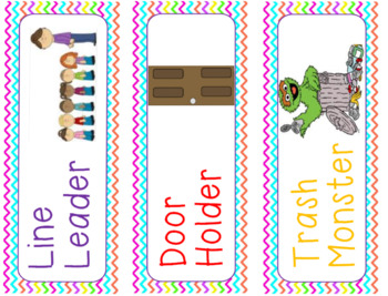 Preview of cute and colorful chevron rainbow class jobs labels with pictures