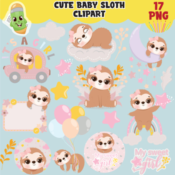 Preview of cute baby girl sloth clipart PNG, sloths clip art, nursery clip art, happy sloth