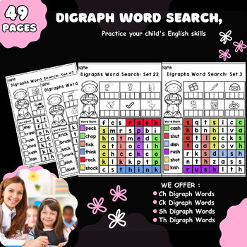 Preview of diagraph worksheets,digraph word search,ch,sh ,ck ,Th, digraph worksheets k-2nd