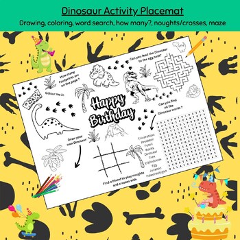 Preview of dinosaur birthday activity placemat, dinosaur coloring page, sheet,