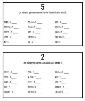 Preview of divisibility rules practice in Spanish las reglas de la divisibilidad 