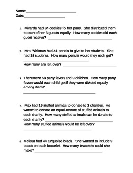 division word problems with remainders worksheet test common core math