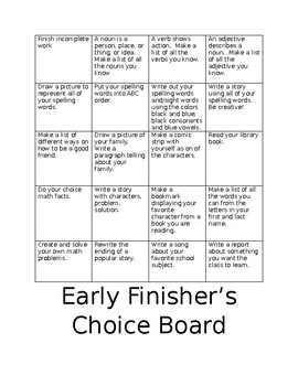 Preview of early finisher's choice board