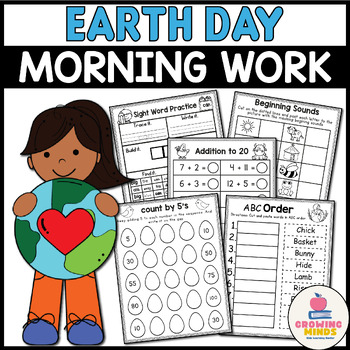 Preview of earth day Morning Work Activities Worksheets Kindergarten | Math & Literacy