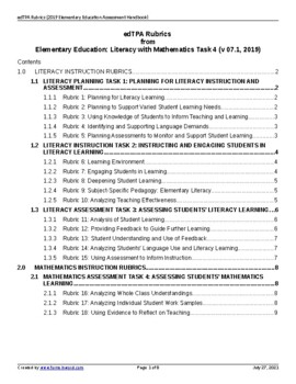 Preview of edTPA Rubrics from Elementary Education: Literacy with Mathematics Task 4 (2019)
