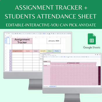 Preview of editable assignment tracker for teachers + students attendance  google sheets