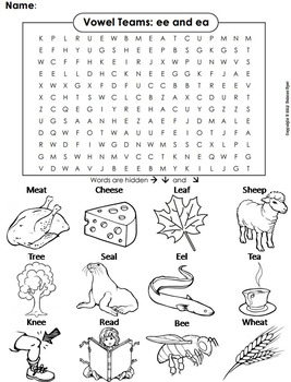 Long E Activity: ee ea Vowel Team: Phonics Worksheet: Digraphs Word Search