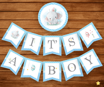 Preview of elephant banner, It's a Boy Banner, PRINTABLE, Blue Elephant Baby Shower Banner,