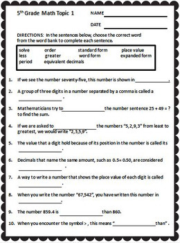 envision math 5th grade vocabulary worksheets full year by