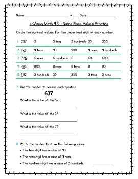 Preview of enVision Math 2nd Grade Topic 9 - Numbers to 1,000 Worksheets